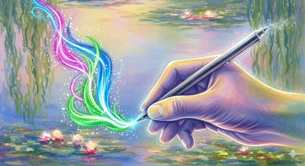 字が汚い人のスピリチュアルな波動の高さを描いたアート。モネ風の神秘的な絵で、ペンから放たれる光がエネルギーを表現します。