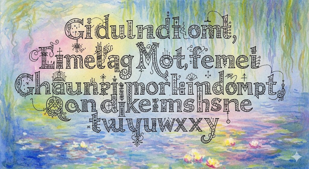 字が汚い人のスピリチュアルな天才性を表現したアート。モネ風の独創的な文字が、凡人にはない特別な才能を象徴しています。