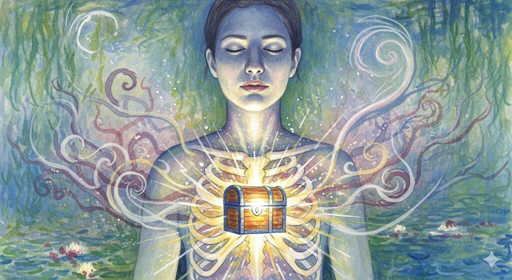 字が汚い人のスピリチュアルな才能がテーマの画像。モネ風の絵画で、内に秘めた宝箱が特別な才能の存在を象徴しています。
