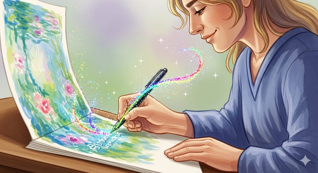 字が汚い人のスピリチュアルな自己愛を探るアート。モネ風の絵で、書く喜びがコンプレックスを魅力に変えるヒントを表現します。