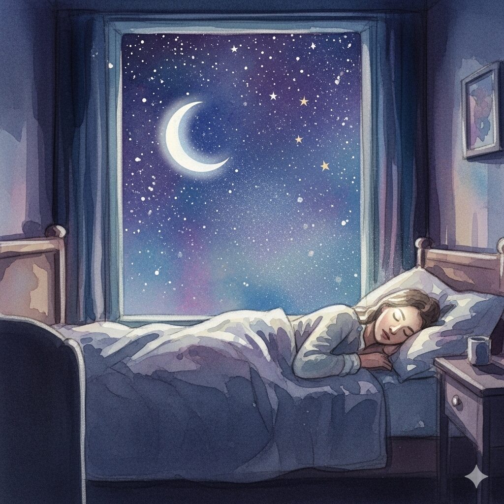 夜中に左眉毛がかゆくなるスピリチュアルな現象。満月と星が輝く夜、眠る女性の左眉に光が降り注ぎ、重要なメッセージが送られている様子を描いた神秘的なモネ風水彩画。