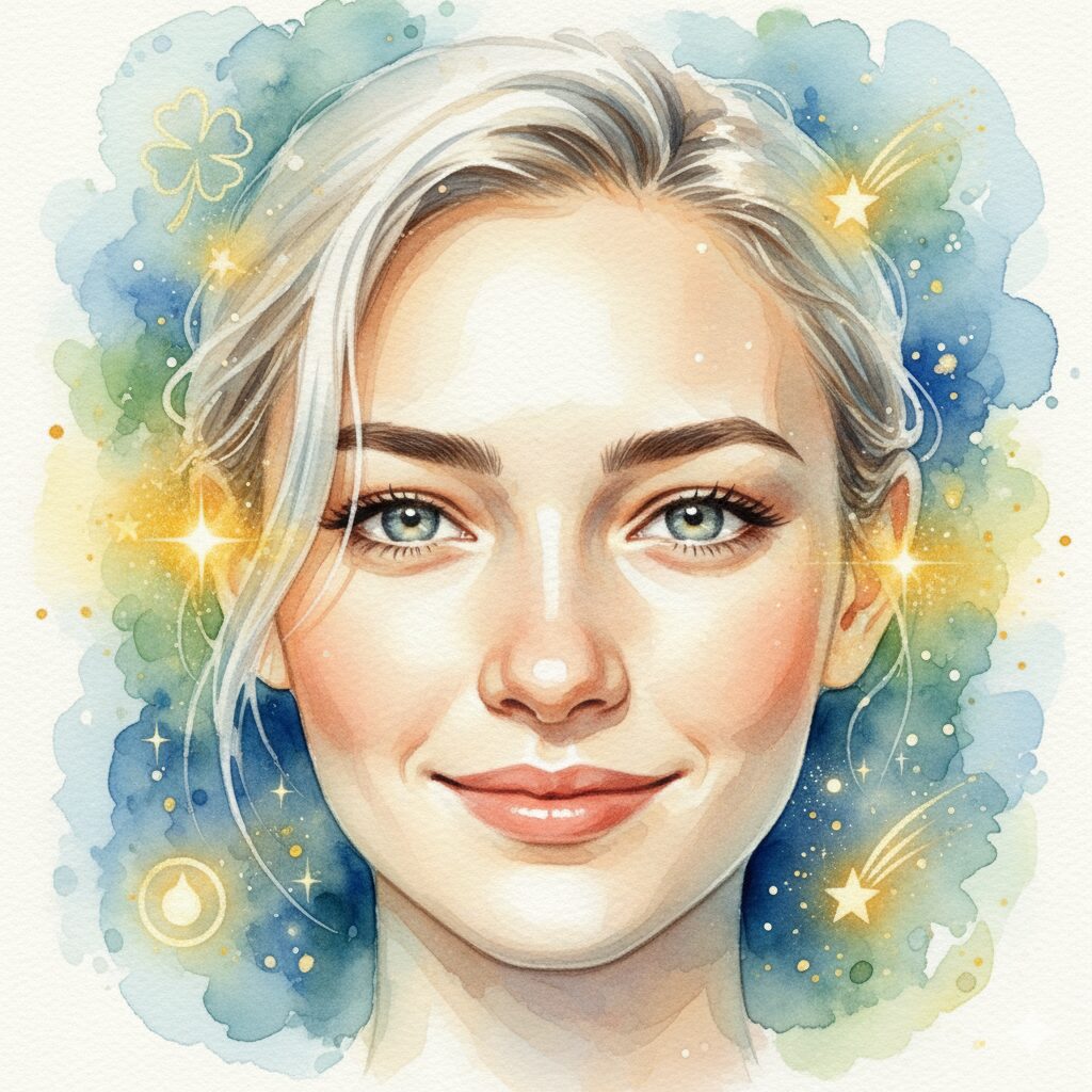 左眉毛がかゆいスピリチュアルな感覚と連動し、眉毛に生えた白髪が幸運を招く兆しを表現する水彩画。