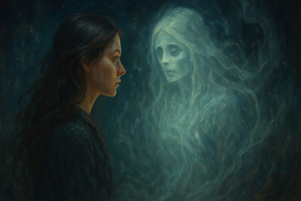 霊が見える女性が幽霊の姿と対面している神秘的な場面を描いた幻想的なアート