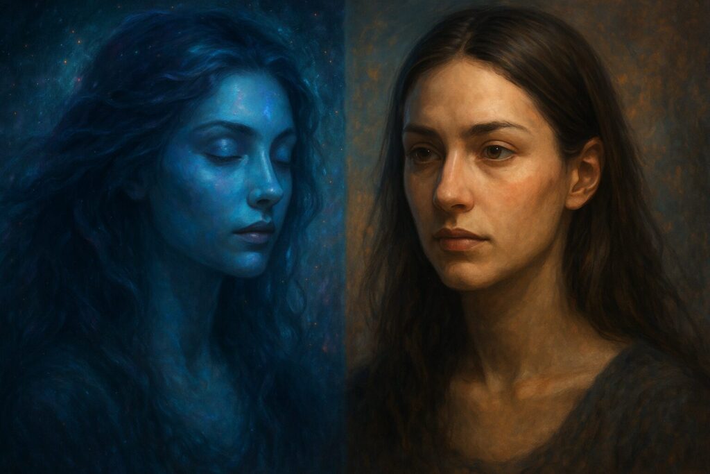 霊感がある人とない人の違いを象徴する二人の女性の対比を描いた神秘的なデジタルアート