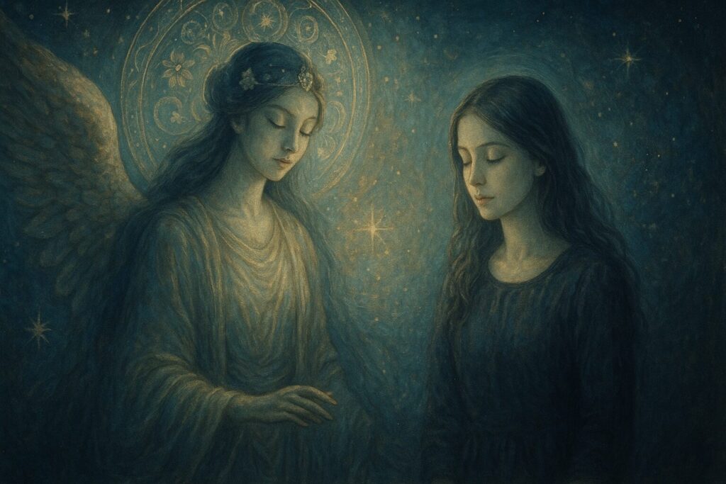 天女が転生して現代に生きる女性の前世の記憶を表現したイラスト