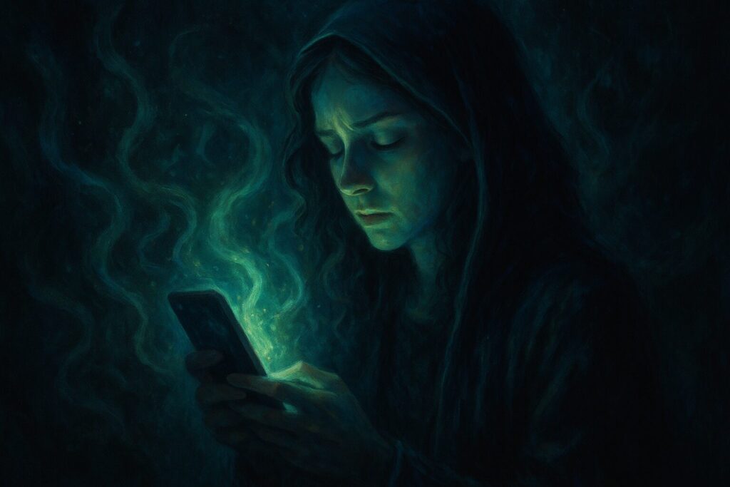 神秘的なエネルギーに包まれたスマートフォンを見つめる女性の幻想的なデジタルアート