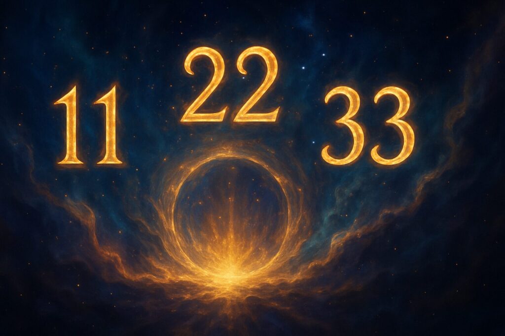 神秘的な光を放つゾロ目の数字と宇宙的エネルギーが交差するスピリチュアルな誕生日のイメージ
