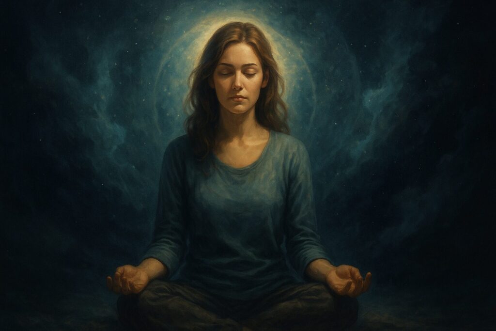 見えない世界にとらわれず穏やかな心を保つ女性の神秘的な幻想風景