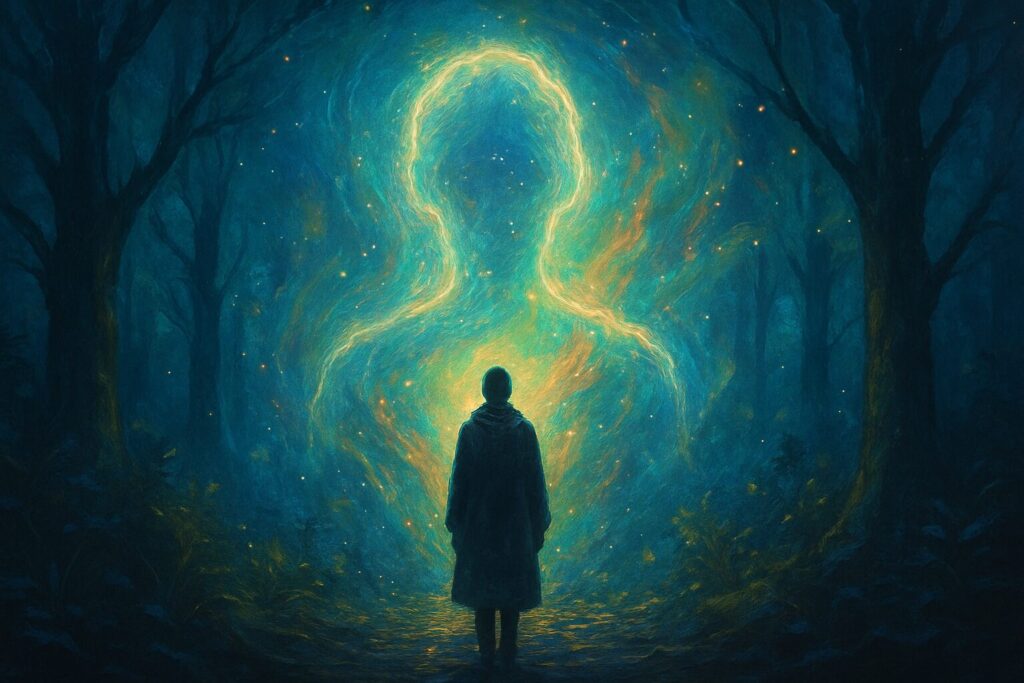 霊感体質を安全に理解しようとする人物が神秘的な森の中でエネルギーの存在と向き合う幻想的な風景
