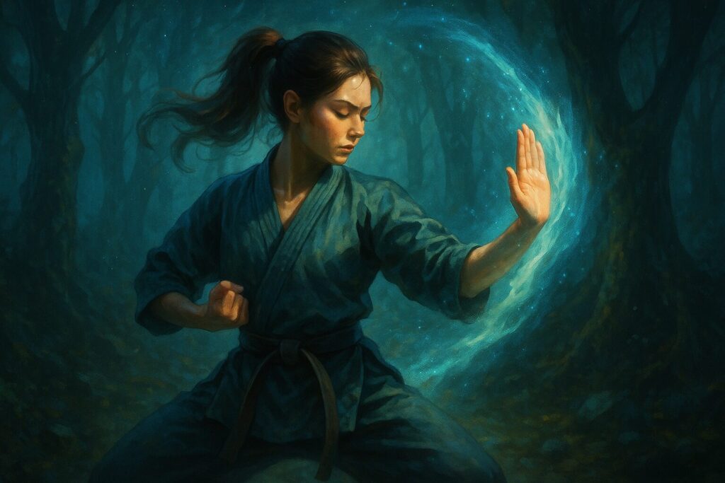 神秘的な森の中で武道の構えをとる女性が霊的な感受性をコントロールする姿を描いた幻想的なビジュアル