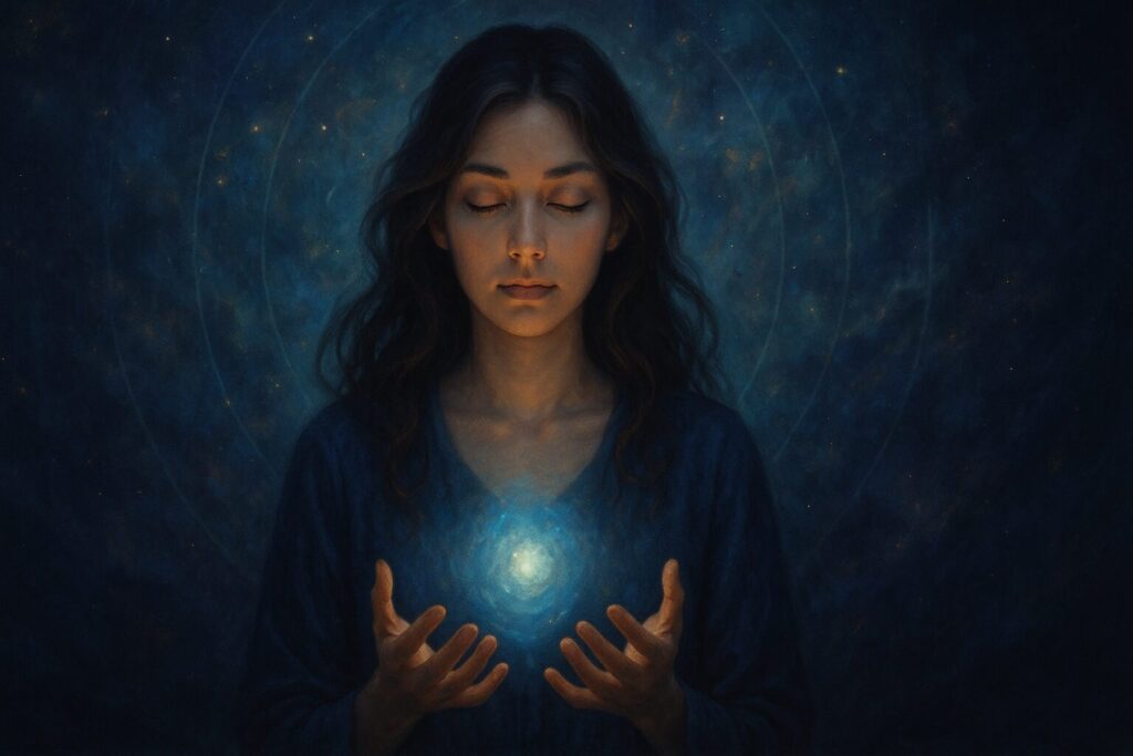 大人になって霊感に気づいた女性が宇宙的な光を手にしながら心を整える神秘的なアートイメージ