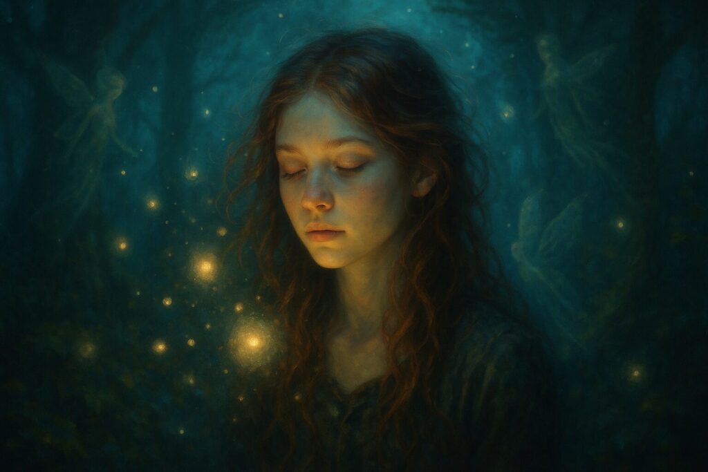 精霊や妖精が見える人に共通する神秘的な感覚を描いた、幻想的な森に佇む女性の幻想画