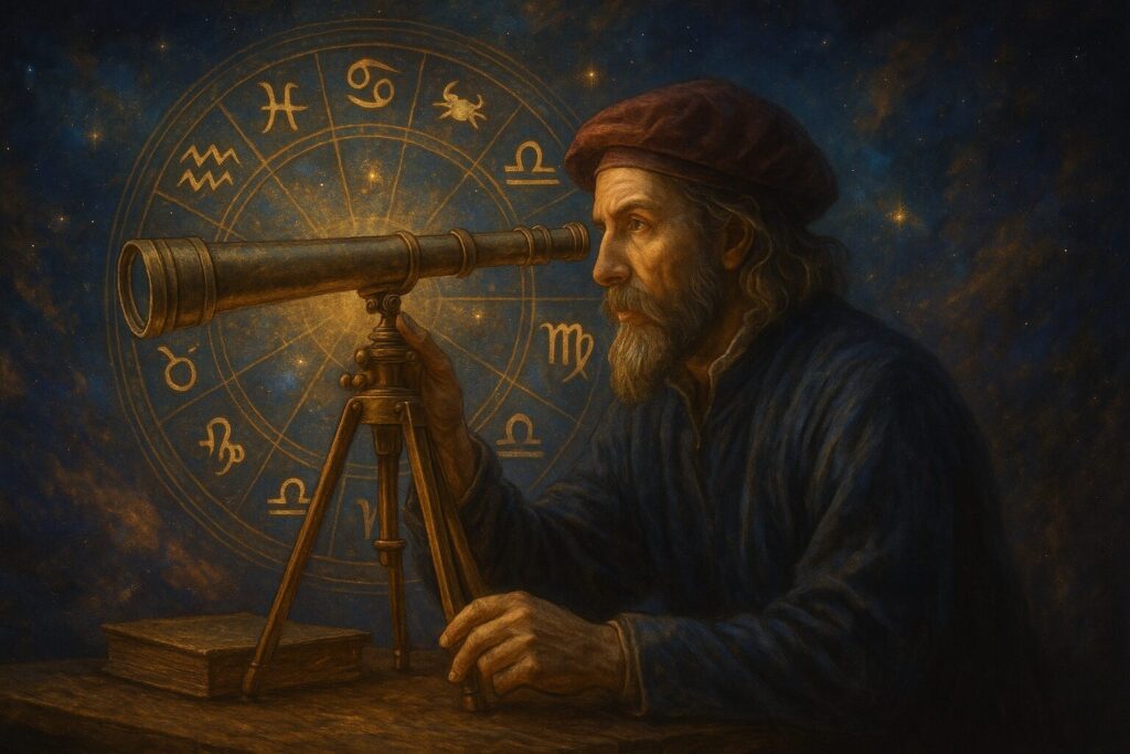 望遠鏡で星座を観る学者風の老人