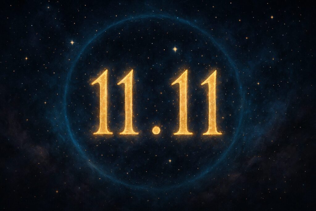 11月11日生まれの人のスピリチュアルな霊感の強さを象徴する幻想的なイメージ、ゾロ目の日付と直感力を視覚的に表現したデジタルアート