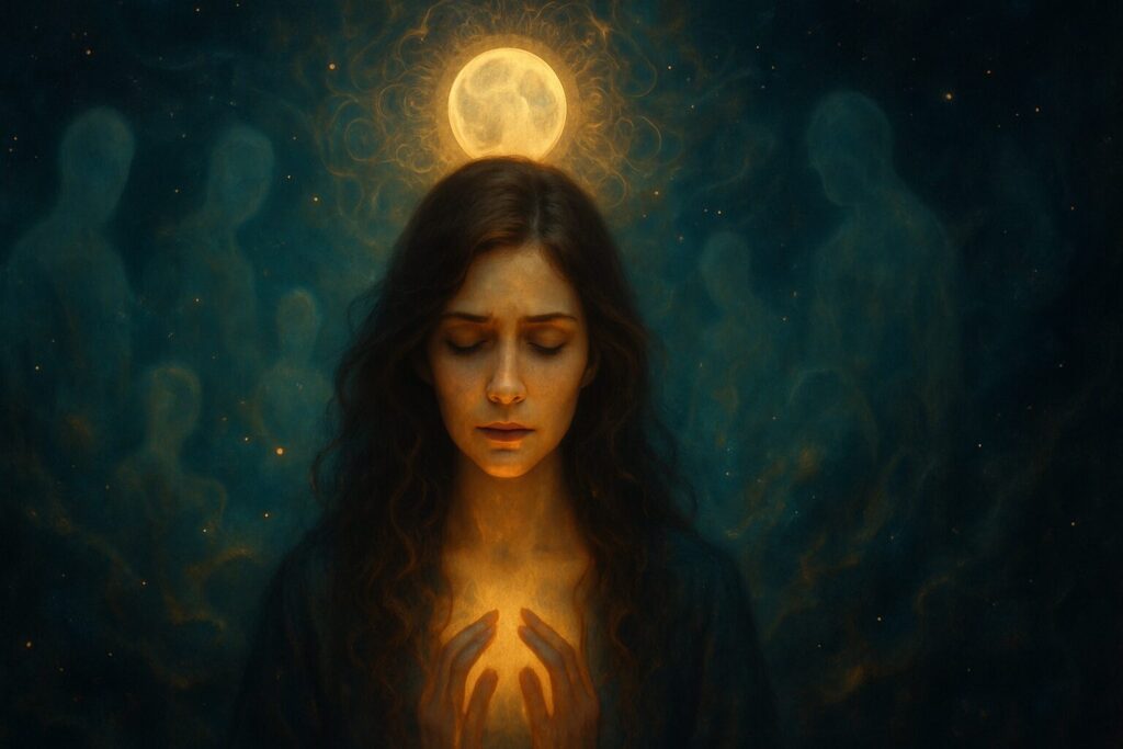 A mysterious and ethereal digital painting of a woman with closed eyes, glowing hands, and a radiant full moon above her head, surrounded by ghostly spiritual figures in a cosmic background, symbolizing weakened spiritual sensitivity