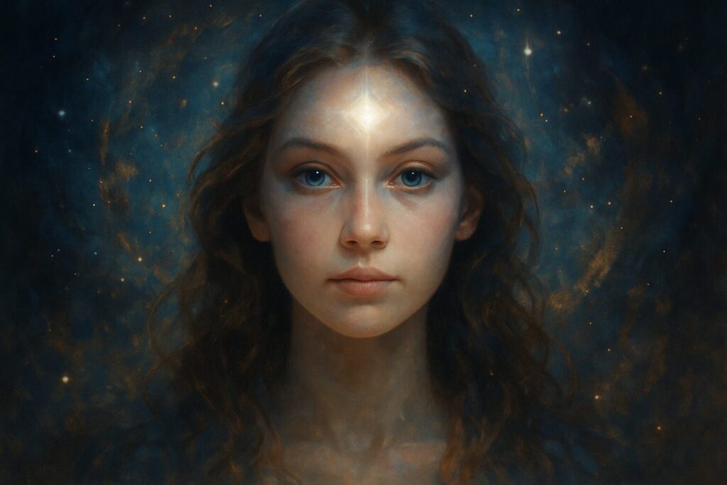霊感が強い人の特徴が顔つきに表れる様子を神秘的に描いた女性の幻想的なポートレート