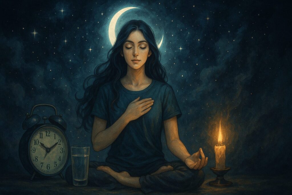神秘的な夜空の下、月と星に包まれて座禅を組む女性。霊感が弱くなったときに見直すべき生活習慣を象徴する、瞑想、水、睡眠、キャンドルなどの要素が描かれている