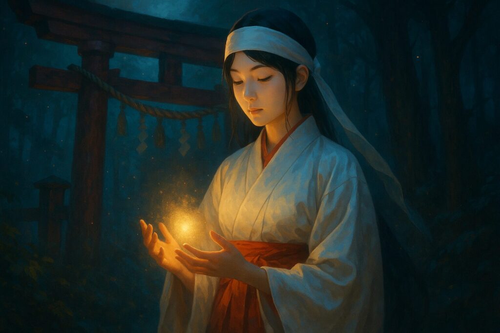 神秘的な雰囲気の中で祈りを捧げる和装の巫女のイラスト、スピリチュアルな霊性と直感を象徴