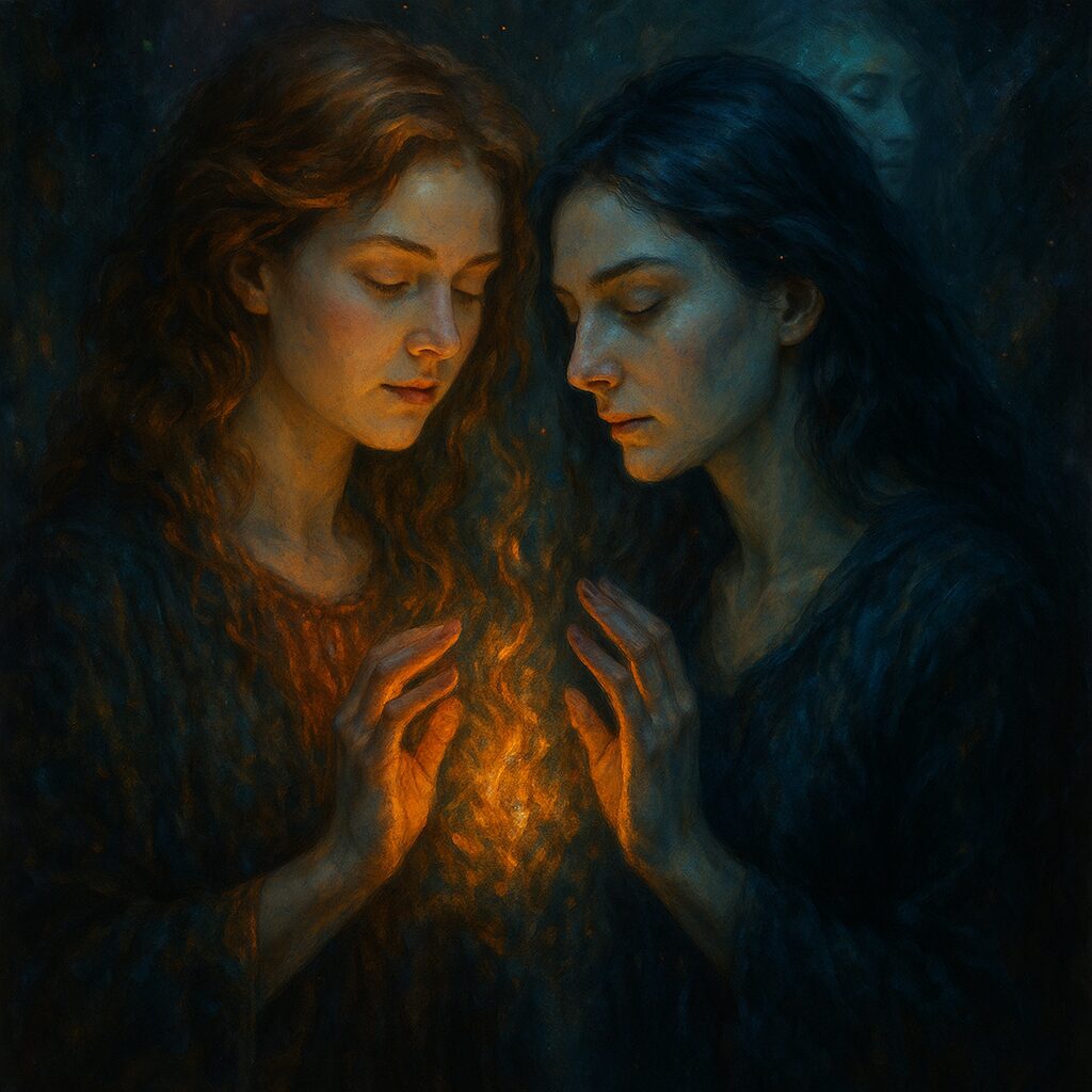 霊感が強い人と共にいることで感じるエネルギーの交流と神秘的なつながりを描いた幻想的なアート