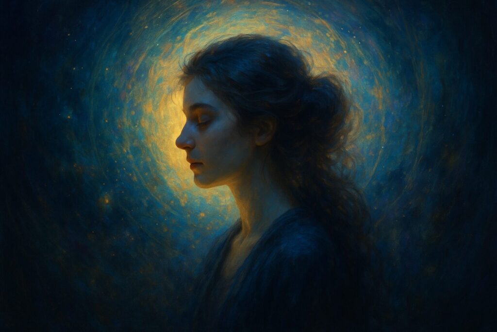 目を閉じてオーラを感じ取る女性を描いた幻想的で神秘的なデジタルアート