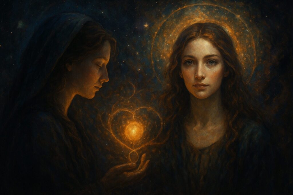 前世で魂の縁があった人との神秘的な再会を象徴する幻想的な女性たちのスピリチュアルアート