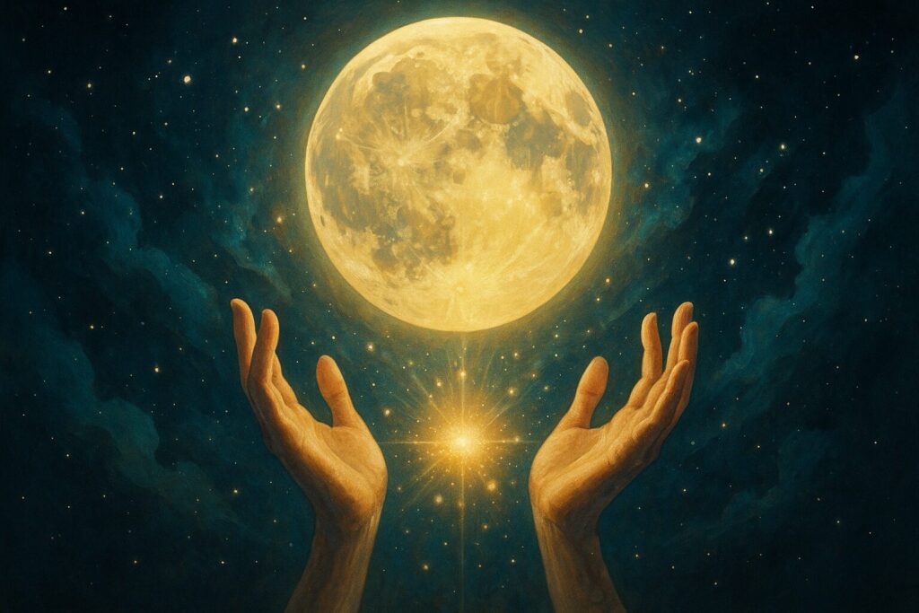 神秘的な月明かりの下で誕生日と霊感の関係を象徴する幻想的な手と光のイメージ