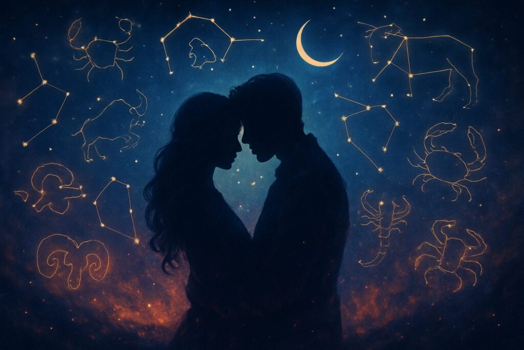 12星座が映る夜空で見つめ合う男女