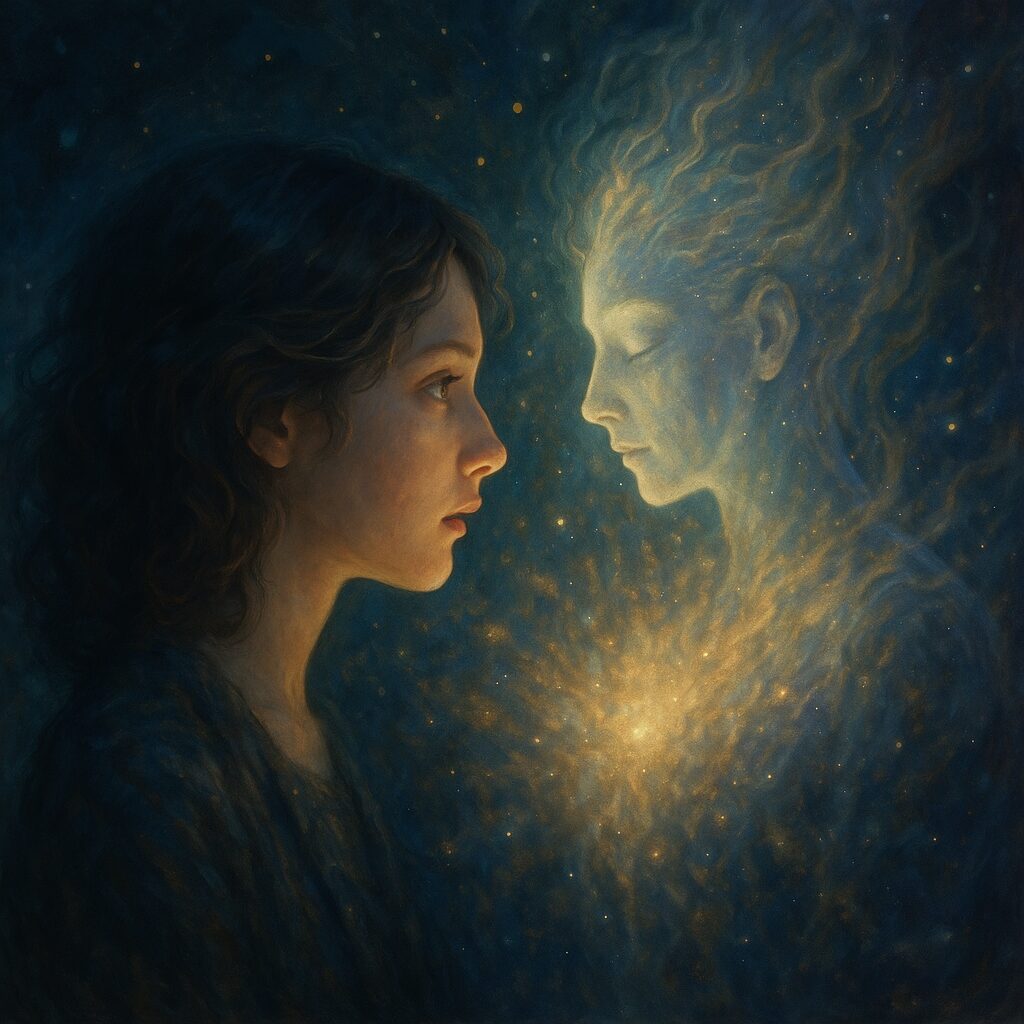 霊感がある人がエネルギー的な存在と向き合う神秘的な光景を描いた幻想的なアートワーク