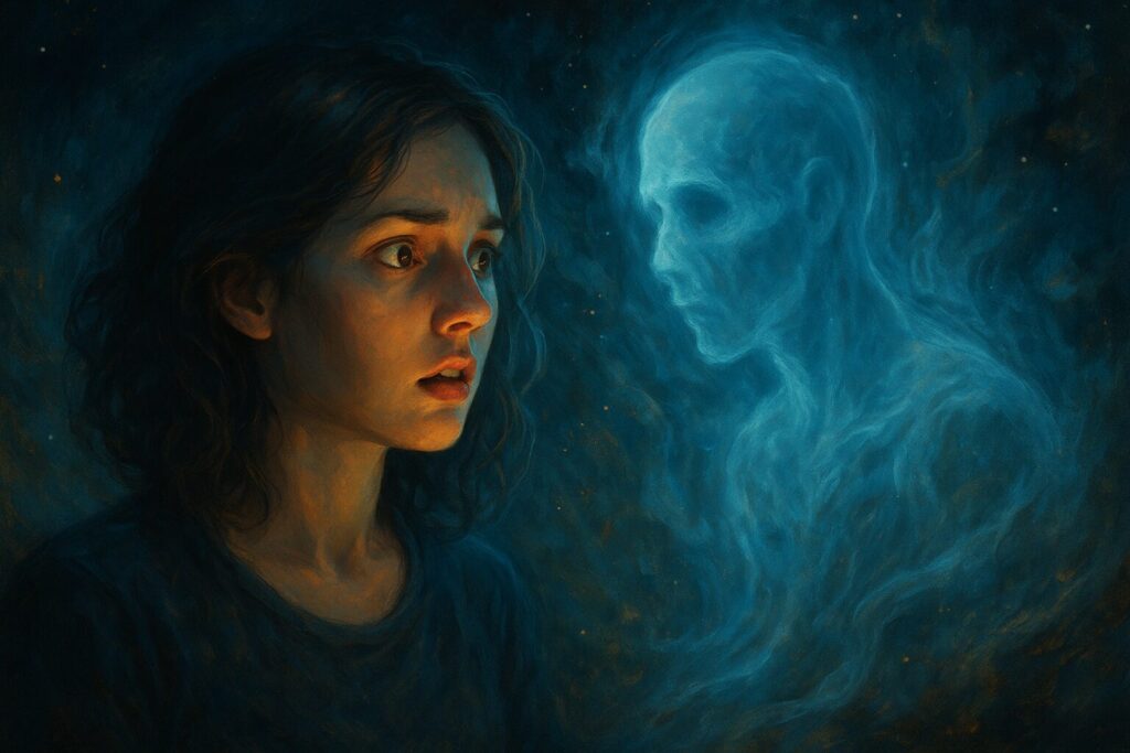 霊感に目覚めた女性が突然霊を目撃する神秘的な瞬間を描いた幻想的なアート作品