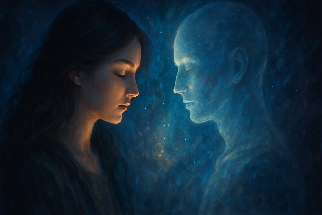 見える人には本当に見えているのかを象徴する、女性と霊的存在が静かに向き合う神秘的なイラスト