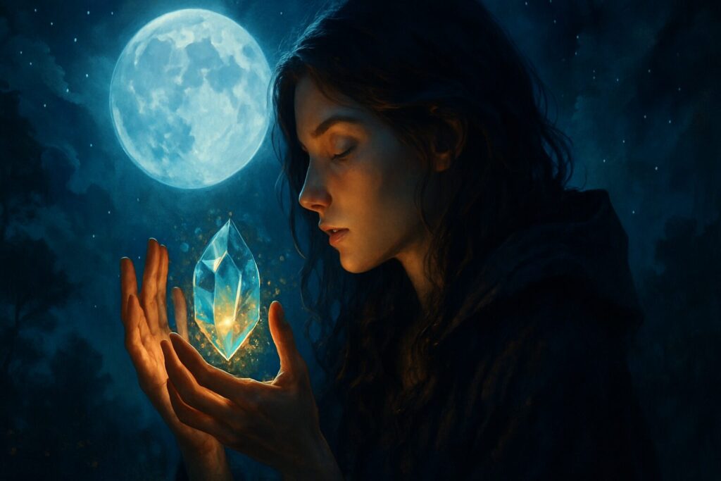 月夜の森で光るクリスタルを手に霊感を確かめる女性の幻想的なシーン