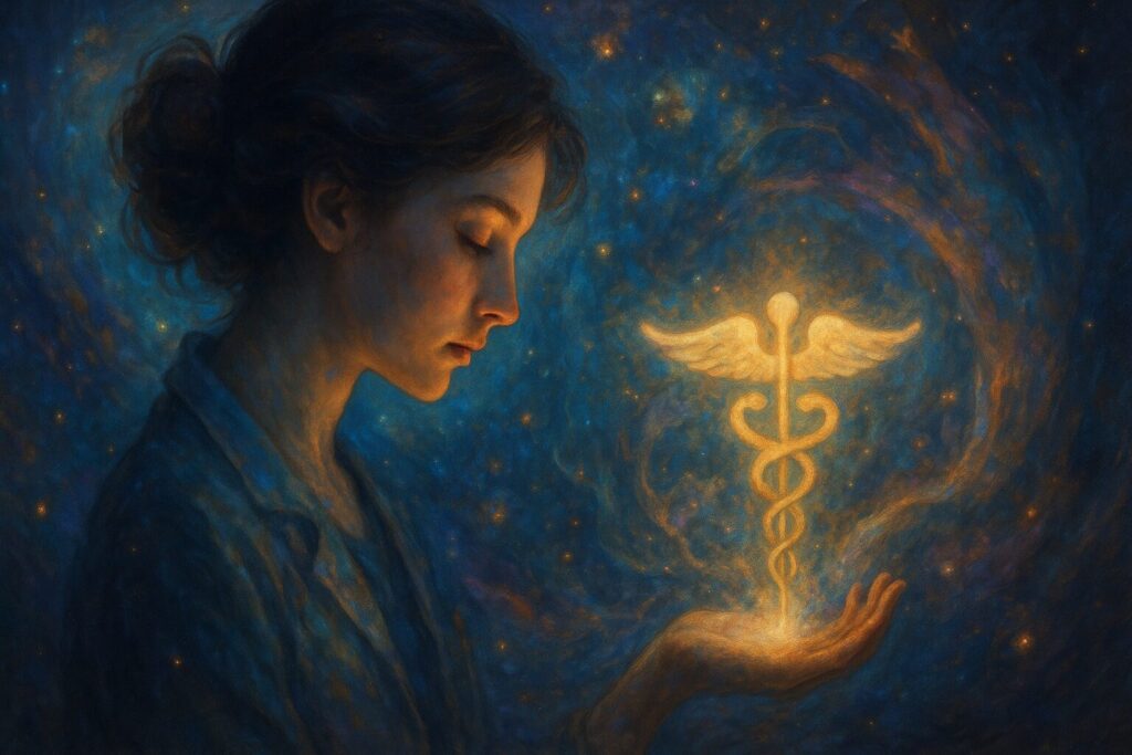 前世が医者だった魂を象徴するような女性と光るカドゥケウスが描かれた神秘的なアート作品