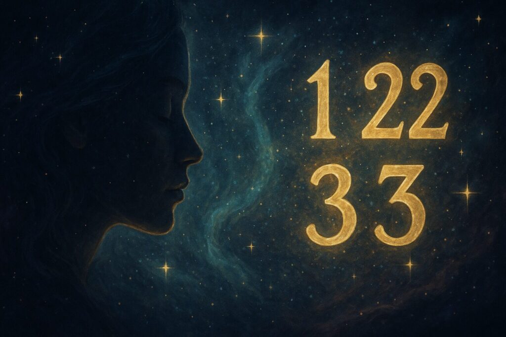宇宙を背景にマスターナンバー11 22 33が光り輝く、霊感と誕生日の関係を象徴する神秘的なイラスト