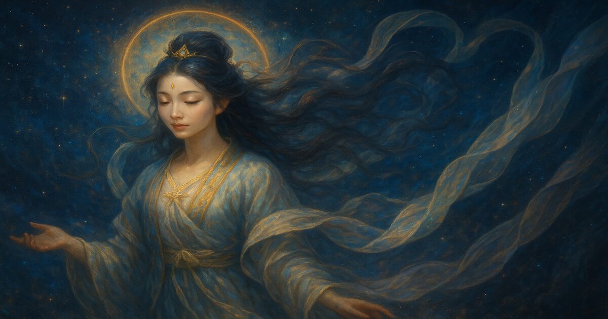 天女の前世の特徴に気づいた女性のスピリチュアルな雰囲気を描いた神秘的なイラスト
