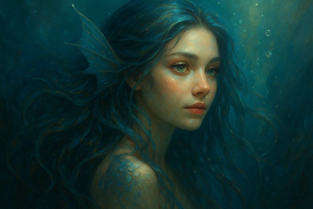 海中で静かにたたずむ幻想的な女性の姿が描かれ、前世がマーメイドだった人に共通する神秘的なエネルギーと深い感性を象徴するイメージ