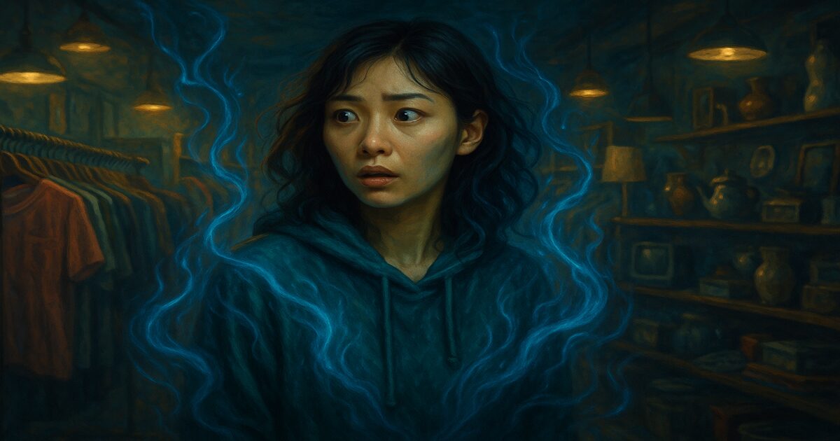 リサイクルショップで霊感がざわつく瞬間を描いた神秘的な雰囲気のイメージ、青いエネルギーに包まれた女性と古着や古道具が並ぶ店内の様子