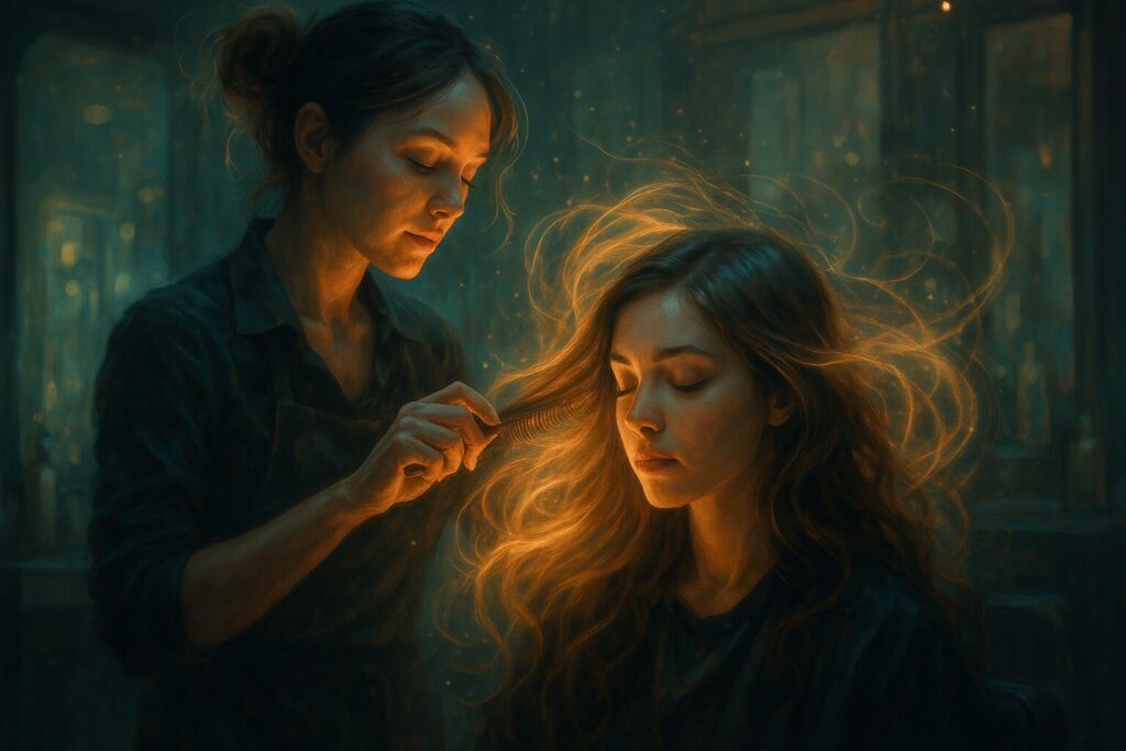 美容師の感情が髪に伝わる神秘的な瞬間を描いた幻想的な美容室シーン