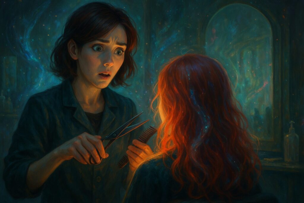 美容師が霊感に関する質問に困惑する神秘的な瞬間を描いた幻想的なイメージ