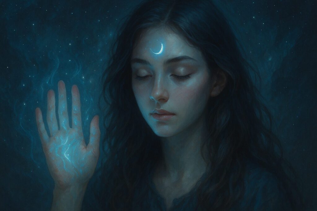 神秘的な雰囲気を漂わせる女性が星空の中で手のひらから霊的な光を放つ様子を描いた幻想的なイメージ