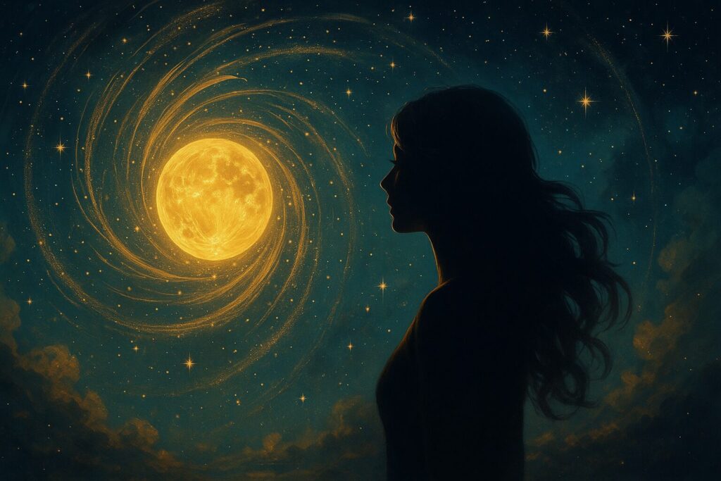 神秘的な夜空の中で金色の輝きを放つ月を見つめる女性の幻想的なイラスト