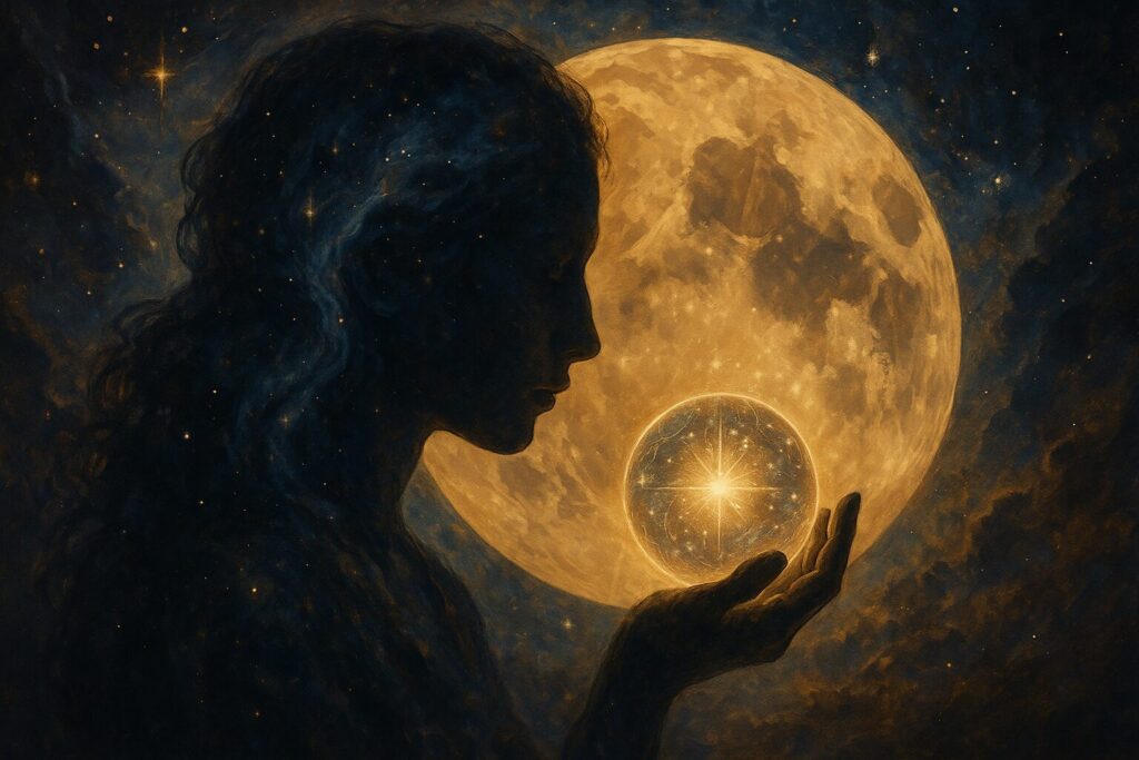 神秘的な満月の前に立つ人物のシルエットが、輝く光のオーブを手にする幻想的なスピリチュアルアート