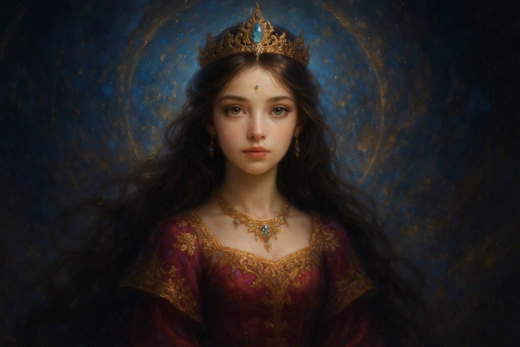 前世が姫だった魂を象徴する幻想的で高貴な女性の肖像イラスト