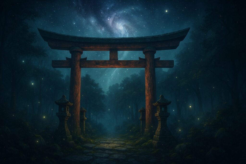 神社を通じて天女の前世の記憶に触れる魂の旅の象徴的な風景