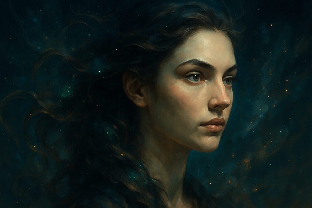 直感力が鋭い人に共通する神秘的な顔立ちを描いた幻想的なアートイメージ