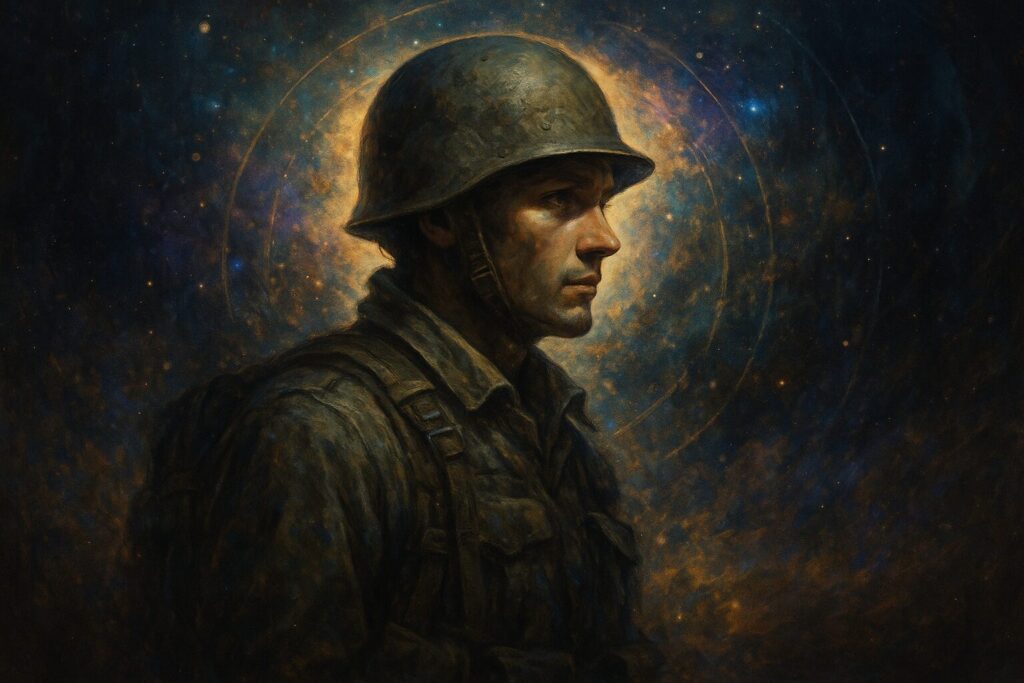 神秘的な宇宙を背景にした兵士の横顔のイラストで、前世が兵士だった魂の強さと精神的覚醒を象徴している