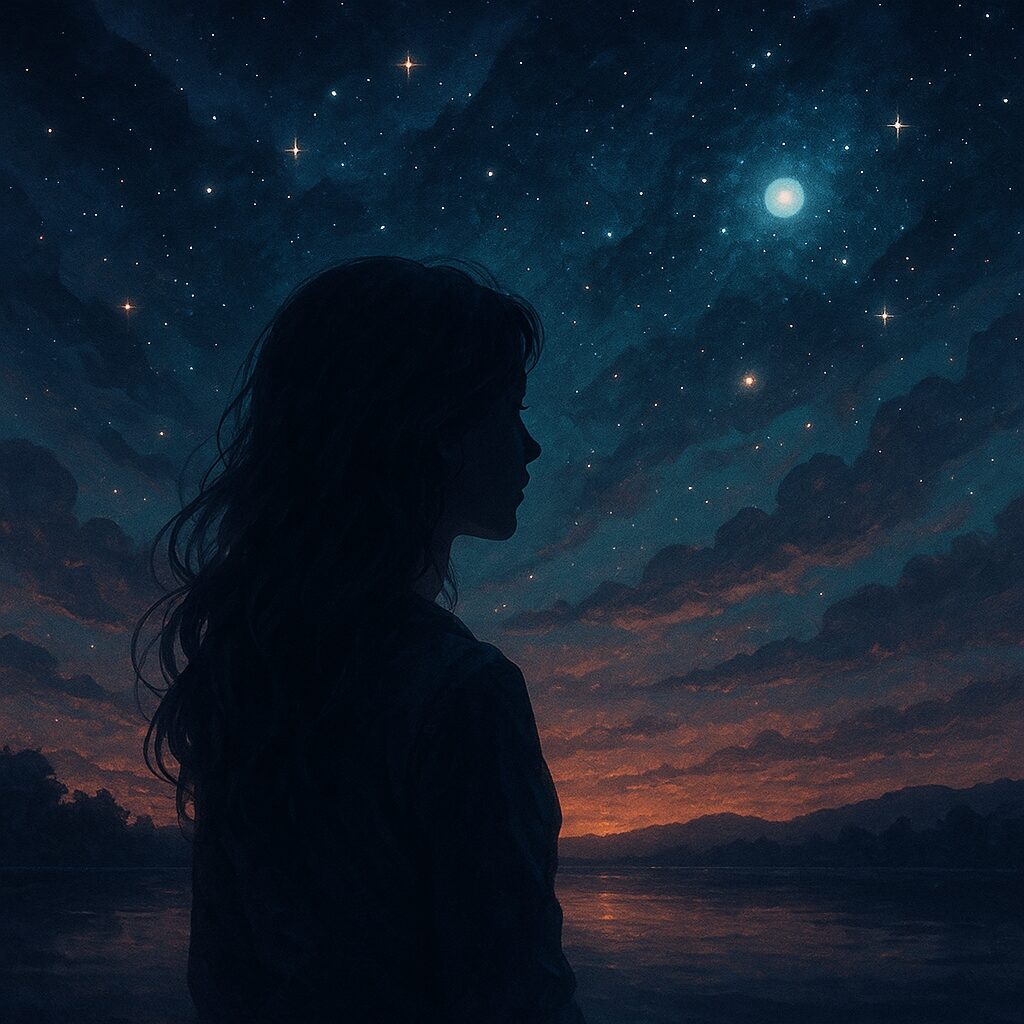 霊感が弱くなるタイミングを感じ取る女性が夕暮れの星空の下で静かに立つ神秘的なシルエット