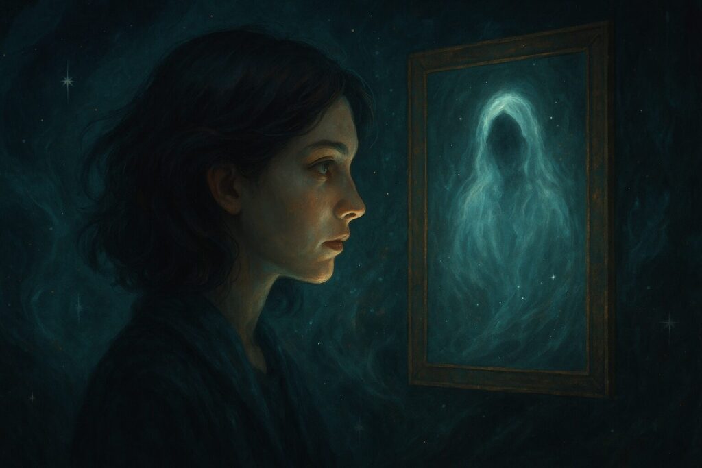 霊感がある人だけが気づく霊的存在を描いた、幽玄な女性と霊体が共存する幻想的なアートイメージ