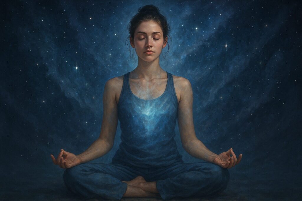 呼吸と瞑想によって内面の霊感を引き出す女性が宇宙の光に包まれる神秘的なシーン