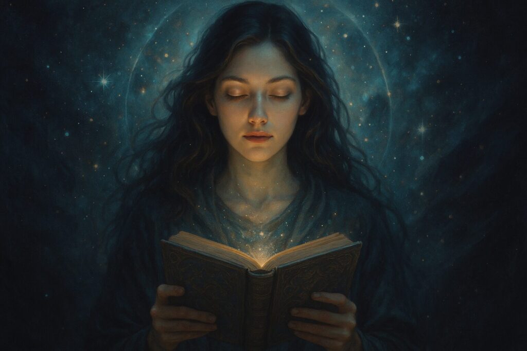 宇宙のような背景の中で神秘的な本を開く霊感を持つ女性の幻想的な肖像画