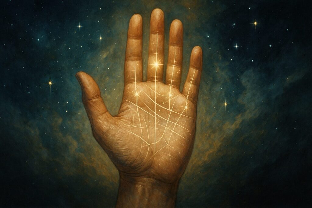 霊感がある人の手相の特徴を示す神秘的な光を帯びた手のひらと宇宙背景の幻想的な構図